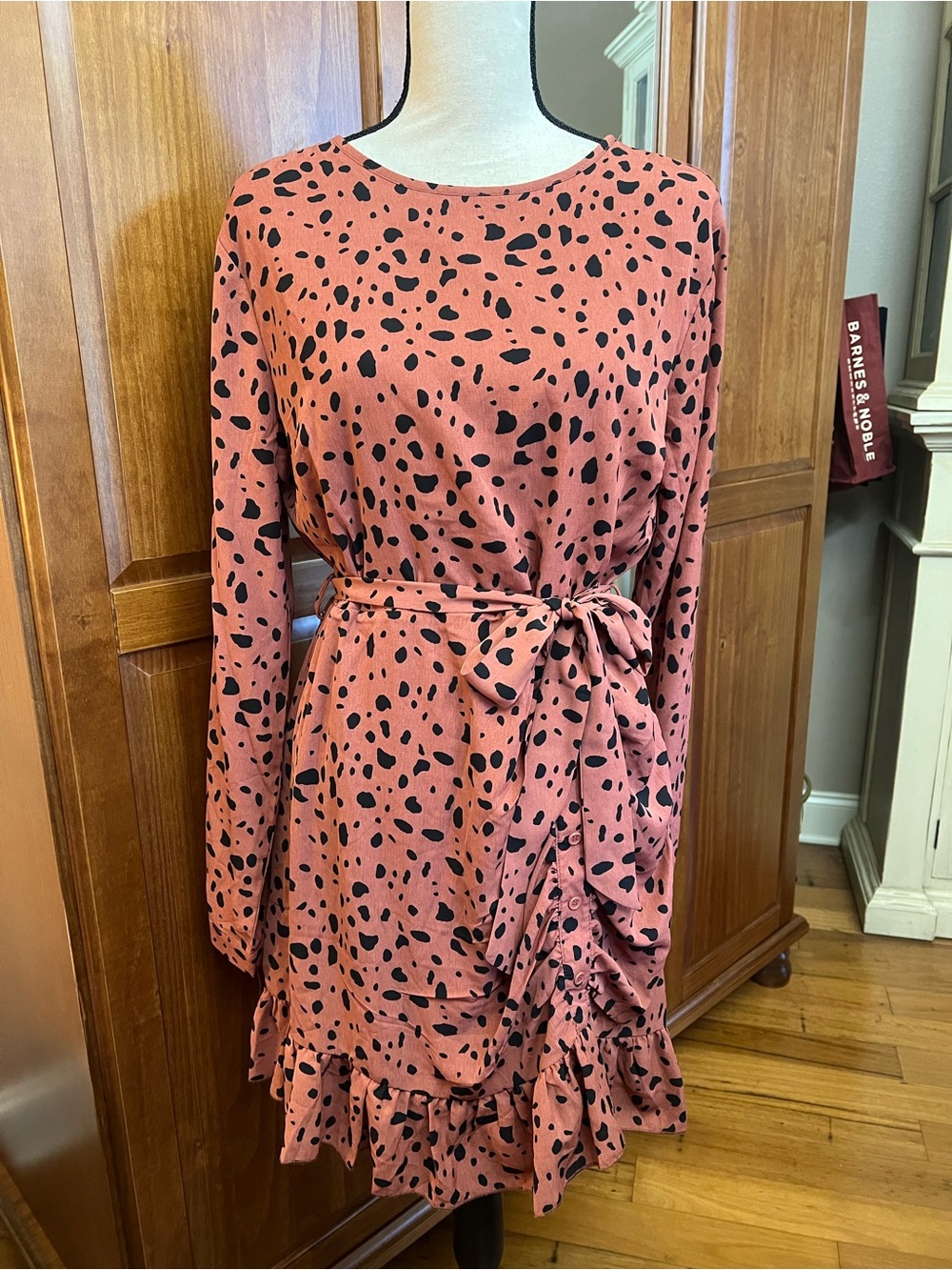 Rust Spot-Print Long Sleeve Mini Dress with Waist Tie